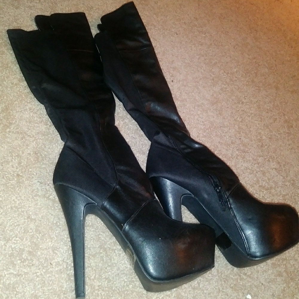 Black Leather  High Heel Thigh Boot